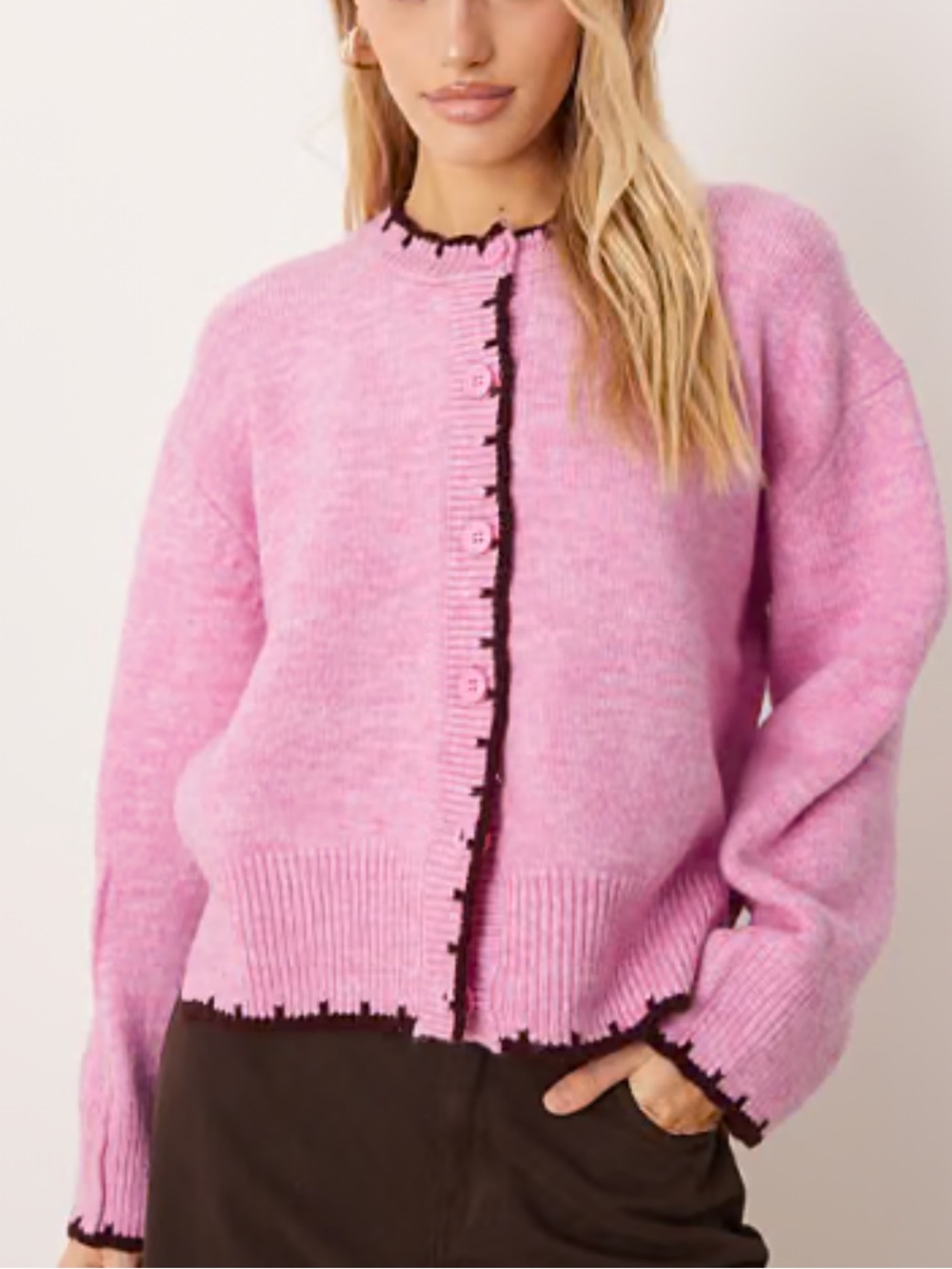 ASOS DESIGN boxy crew neck cardigan side blanket stitching pink XS oversized